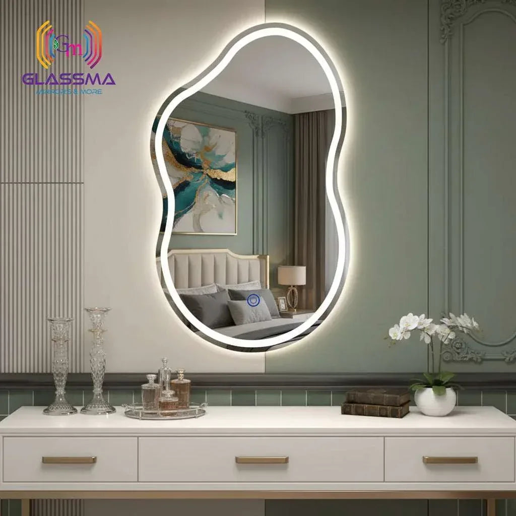Irregular LED Mirror - Artistic Wave Shape Front & Backlit Wall Mirror for Bedroom & Vanity - Glassma